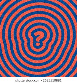 Centered question mark over blue and red concentric ripple waves. Vector illustration with a curious abstract theme.