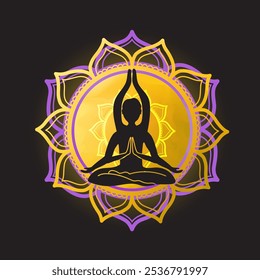 A centered silhouette of a yogin in lotus pose, doing 3 different asanas, combined in a single vector. Surrounded by an ornate mandala design with gold and violet lotus petal shapes on dark backdrop.