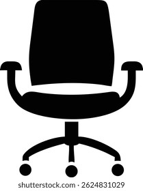 Centered is a simple, solid black office chair, depicted with a rounded seat and armrests, a medium-height back, and rolling casters for mobility on a white backdrop.