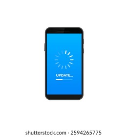 Centered smartphone shows loading icon and update process in progress with a visible progress bar.