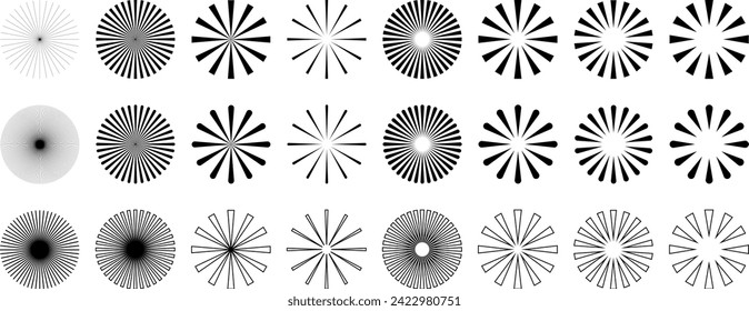 Zentrierter Sonnenaufgang, Buchsen, Balken, Starburst, Radierung, Radiallinien, abstrakter, kreisförmiger geometrischer Formsatz