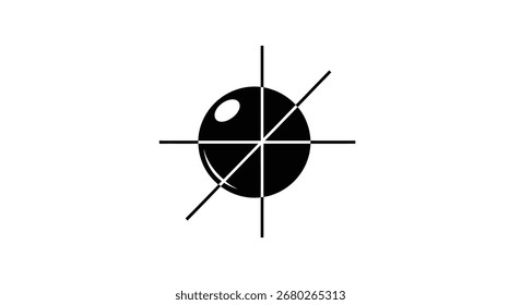 A centered, symmetrical abstract symbol consisting of a sphere and crossing lines is presented as a minimalist and clean graphic icon. The black elements stand out against a white background,