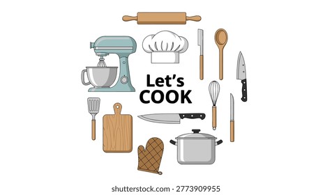 Centered typographic design featuring the text Let's COOK surrounded by professional kitchen tools and baking utensils on a light off-white textured background surface.