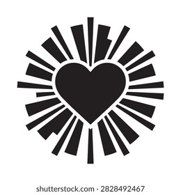 Centered view of a black heart shape radiating stylized sunburst light beams on a white background, evoking feelings of vibrant love and passion.