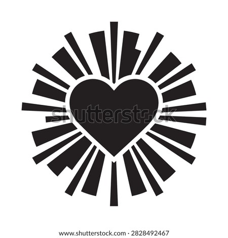 Centered view of a black heart shape radiating stylized sunburst light beams on a white background, evoking feelings of vibrant love and passion.