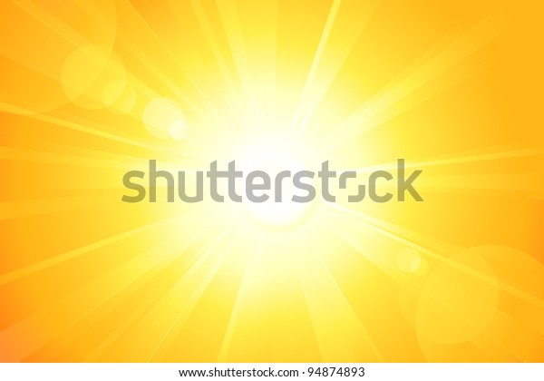 中心が黄色いオレンジ色の夏の太陽の光がバラバラと光った 暑く輝く夏の日差しを楽しめば メッセージの背景にスペースがあります Eps10 のベクター画像素材 ロイヤリティフリー