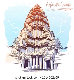 Centerpiece of the Angkor Wat temple complex in Cambodia representing the sacred Mount Meru of the Hindu religion. Painted sketch. Vintage design. Travel sketchbook drawing. EPS10 vector illustration