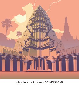 Centerpiece of the Angkor Wat temple complex in Cambodia representing the sacred Mount Meru of the Hindu religion. Sunset panorama. Vintage poster. EPS10 vector illustration