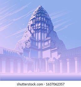 Centerpiece of the Angkor Wat temple complex in Cambodia representing the sacred Mount Meru of the Hindu religion. Sunrise misty panorama. Vintage poster. EPS10 vector illustration