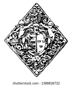 Center-Piece of Bookbinding Strap-Work Tablet was used as a book mount, vintage line drawing or engraving illustration.