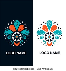 The centerpiece is a circular starburst pattern in black and white, encircled by ornate motifs resembling leaves and drops in teal and orange.
