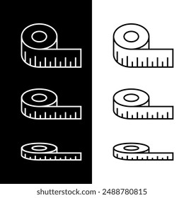 Centimeter (measuring) tape icon. The attribute of a tailor or sewer. Length and width or size measurement symbol.