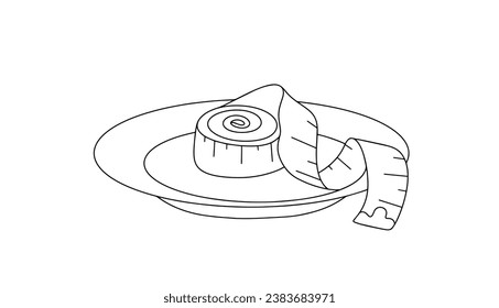 El centímetro está en el plato. Trastorno de la comida. Miedo obsesivo al exceso de peso. Día Mundial de Acción de los Trastornos Comedores. Un dibujo de línea para diferentes usos. Ilustración vectorial.