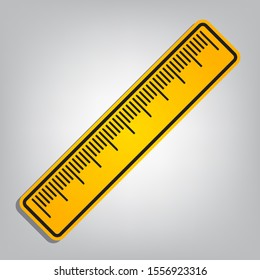 Centimeter ruler sign. Flat orange icon with overlapping linear black icon with gray shadow at whitish background. Illustration.