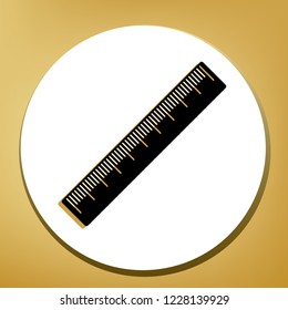 Centimeter ruler sign. Vector. Black icon with light brown shadow in white circle with shaped ring at golden background.