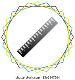 Centimeter ruler sign. Vector. Black icon with patch of light inside colorful hexagonal frames at white background.