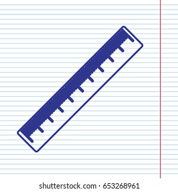 Centimeter ruler sign. Vector. Navy line icon on notebook paper as background with red line for field.