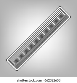 Centimeter ruler sign. Vector. Pencil sketch imitation. Dark gray scribble icon with dark gray outer contour at gray background.