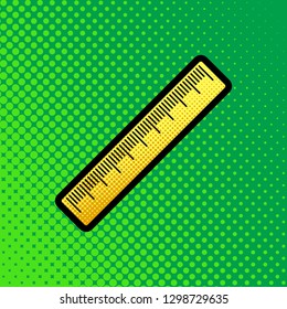 Centimeter ruler sign. Vector. Pop art orange to yellow dots-gradient icon with black contour at greenish background.