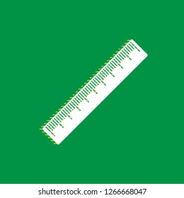 Centimeter ruler sign. Vector. White flat icon with yellow striped shadow at green background.