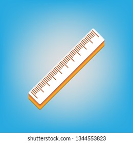 Centimeter ruler sign. Vector. White icon with 3d warm-colored gradient body at sky blue background.