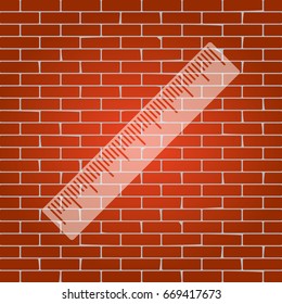 Centimeter ruler sign. Vector. Whitish icon on brick wall as background.