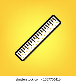 Centimeter ruler sign. Vector. Yellow polka dot white icon with black contour at warm yellow background.