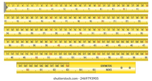 Centimeters And Inches Measuring Tape Template, Yellow Construction Measuring Tool Vector Illustration.	
