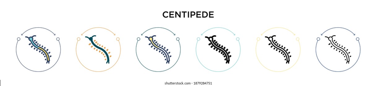 Centipede icon in filled, thin line, outline and stroke style. Vector illustration of two colored and black centipede vector icons designs can be used for mobile, ui, web