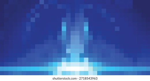 Feixe de luz digital azul abstrato central com elementos pixelados, proveniente de uma linha horizontal brilhante, colocado contra um fundo azul escuro.