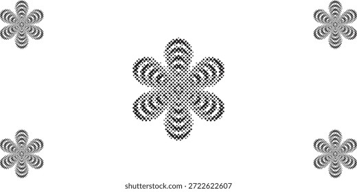 Ein zentrales abstraktes Blumendesign mit sechs Blütenblättern, umgeben von vier kleineren, identischen Blumenmotiven.