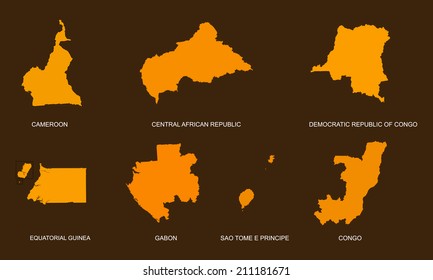 Central Africa countries, Middle Africa states separated vector map high detailed silhouette illustration isolated on black background.