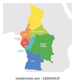 Central Africa Region. Colorful map of countries in central part Africa. Vector illustration.