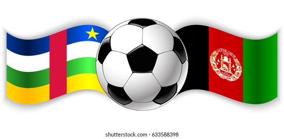 Central African and Afghan wavy flags with football ball. Central African Republic combined with Afghanistan isolated on white. Football match or international sport competition concept.