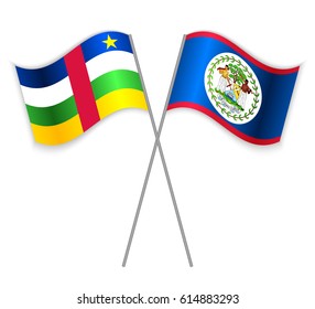 Central African and Belizean crossed flags. Central African Republic combined with Belize isolated on white. Language learning, international business or travel concept.