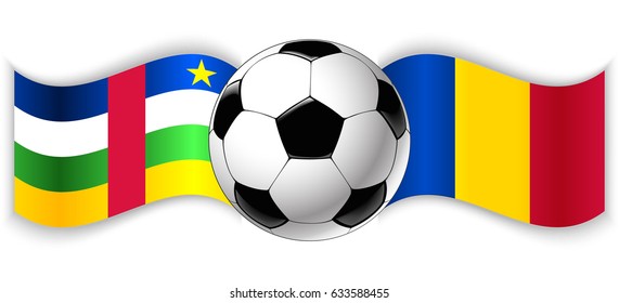 Central African and Chadian wavy flags with football ball. Central African Republic combined with Chad isolated on white. Football match or international sport competition concept.