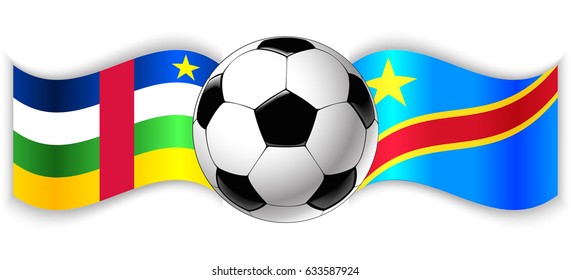 Central African and Congolese wavy flags with football ball. Central African Republic combined with Democratic Republic of the Congo isolated on white Football match or international sport competition
