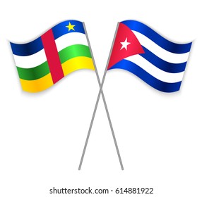 Central African and Cuban crossed flags. Central African Republic combined with Cuba isolated on white. Language learning, international business or travel concept.