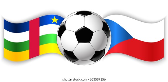 Central African and Czech wavy flags with football ball. Central African Republic combined with Czech Republic isolated on white. Football match or international sport competition concept.