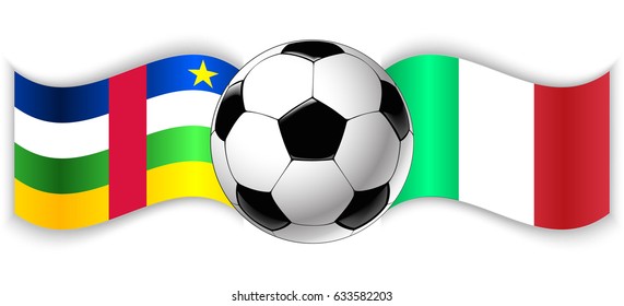 Central African and Italian wavy flags with football ball. Central African Republic combined with Italy isolated on white. Football match or international sport competition concept.