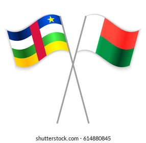 Central African and Malagasy crossed flags. Central African Republic combined with Madagascar isolated on white. Language learning, international business or travel concept.