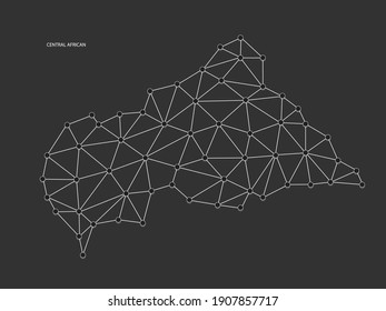 Central African Map Point skaliert auf schwarzem Hintergrund. Weiße Linie, Punkt- und Schattenpunkt des Netzwerks mit Drahtrahmen.