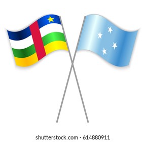 Central African and Micronesian crossed flags. Central African Republic combined with Micronesia isolated on white. Language learning, international business or travel concept.
