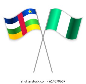 Central African and Nigerian crossed flags. Central African Republic combined with Nigeria isolated on white. Language learning, international business or travel concept.