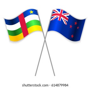 Central African and NZ crossed flags. Central African Republic combined with New Zealand isolated on white. Language learning, international business or travel concept.