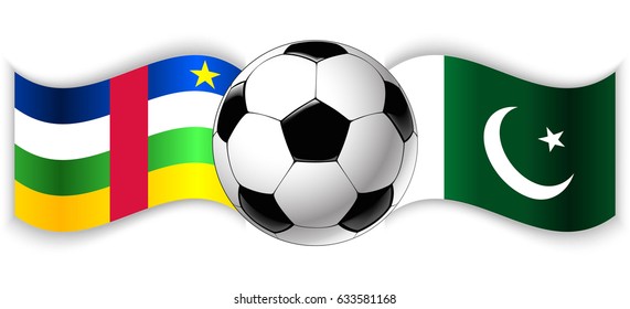 Central African and Pakistani wavy flags with football ball. Central African Republic combined with Pakistan isolated on white. Football match or international sport competition concept.