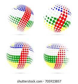 Central African Republic, CAR halftone flag set patriotic vector design. 3D halftone sphere in national flag colors isolated on white background.