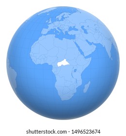Central African Republic (CAR) on the globe. Earth centered at the location of Central African Republic. Map of Central African Republic. Includes layer with capital cities.