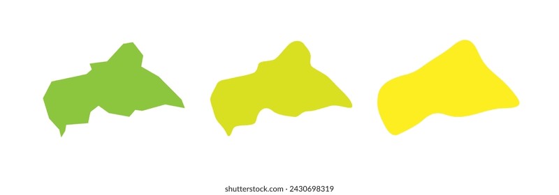 Central African Republic country black outline and colored country silhouettes in three different levels of smoothness. Simplified maps. Vector icons isolated on white background.