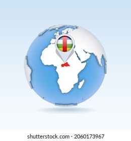 Central African Republic - country map and flag located on globe, world map. 3D Vector illustration